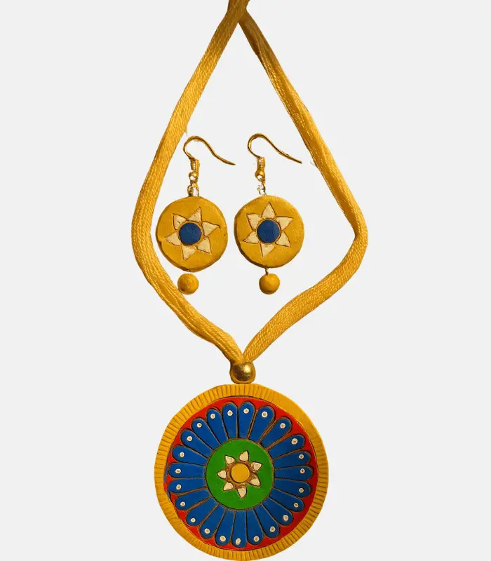 yellow rangoli chakra handmade clay jewellery