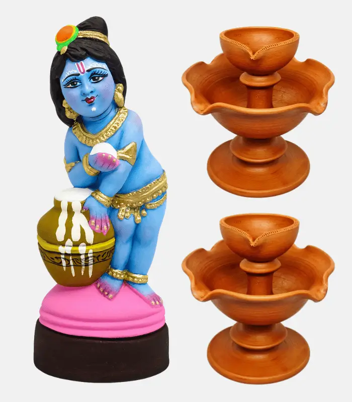 terracotta lord gopal idol with pancha pradip set terracotta lord gopal idol with pancha pradip set